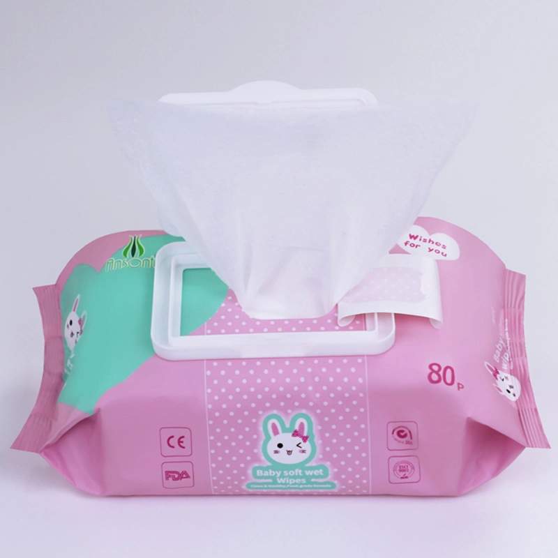 Custom Made Nonwoven 80PCS Baby Water Wipes Unscented with Plastic Lid &amp; Sticker Opening